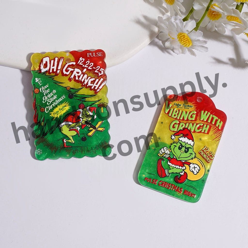 Cute Christmas Green Character Series Acrylic Beads for Charms & Pendants, Green Red & Yellow Tone, Random Mix