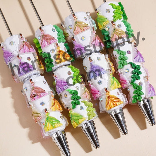 Cute Fantasy Princess Character Beadable Clay Pens with Colorful Hair, Green Leaf Details & AB Rhinestones, Assorted Styles, Multi-Color Random Mix