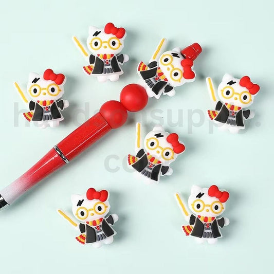 Harr Potte 3D Theme Hello Kitt in Magic Robe with Wand, Glasses, Red Bow Silicone Focal Beads