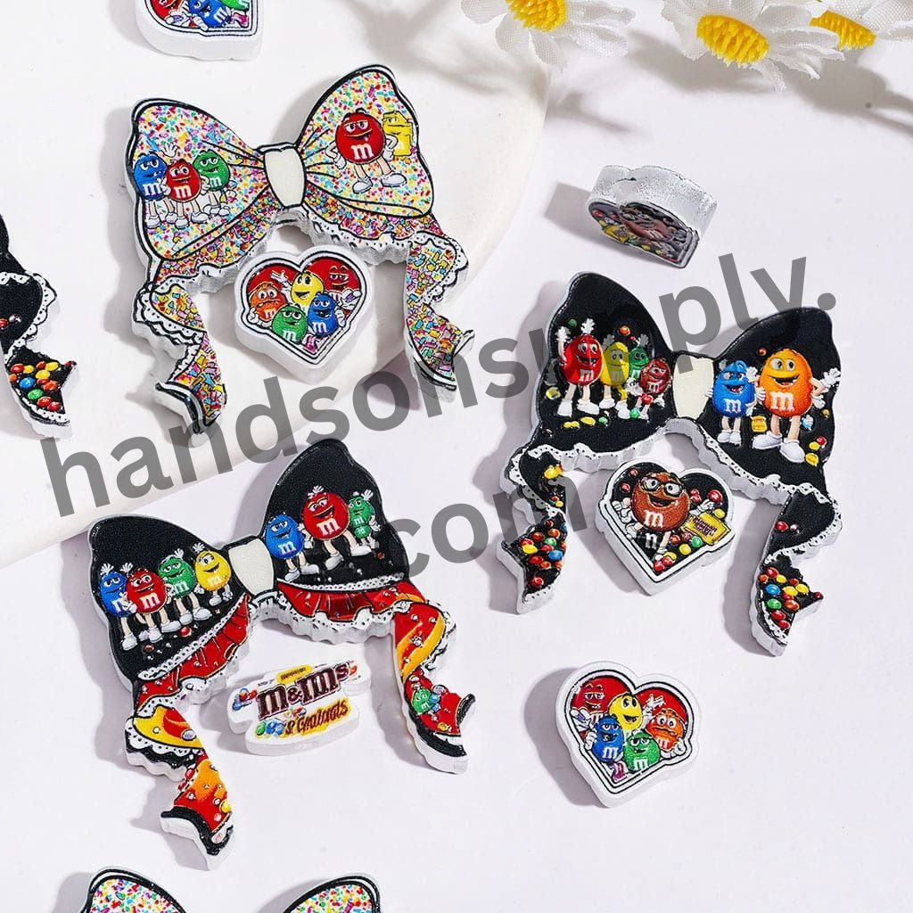 Cute Funny Candy Character Black and White Bow and Piece, Acrylic Beads with Colorful Chocolate Print, (Please Read Description)