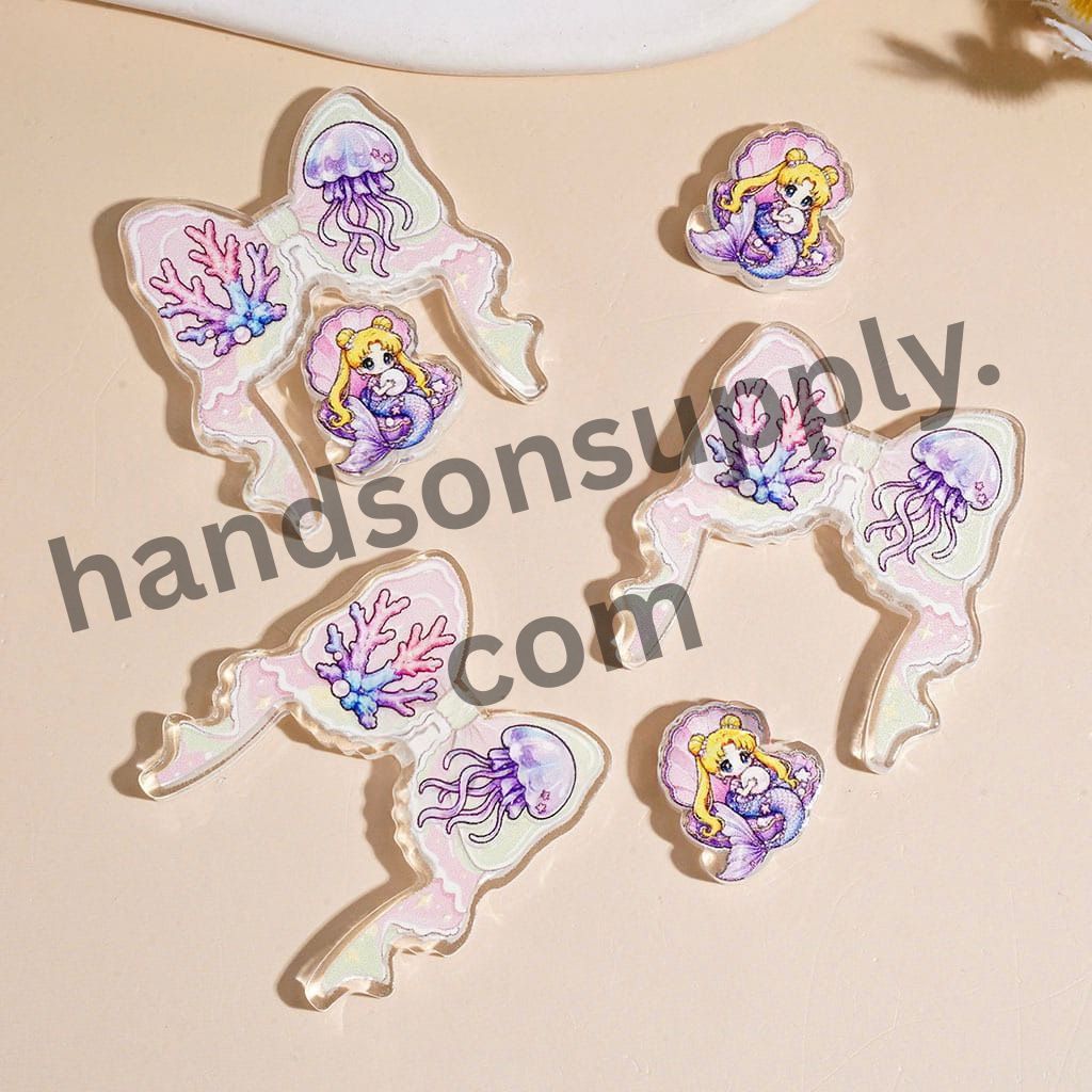 Cute Marine Life Theme Bow Shape Acrylic Beads Mini Small Ornament Piece, 37*39MM, Variant Designs, Random Mix