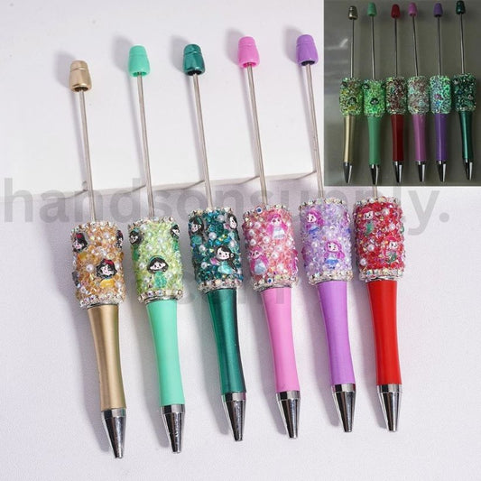 Disne Princess Snow Whit Mermai Luminous Beadable Clay Pen with AB Rhinestones, Chains, White Pearls, Cone Shape