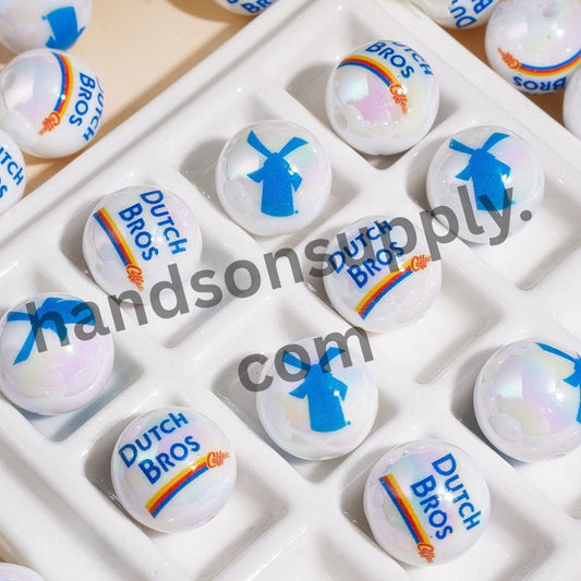 UV Coated Dutch Bros Coffee Logo & Text Printed Round Acrylic Beads for Bracelets, 16MM, Random Mix