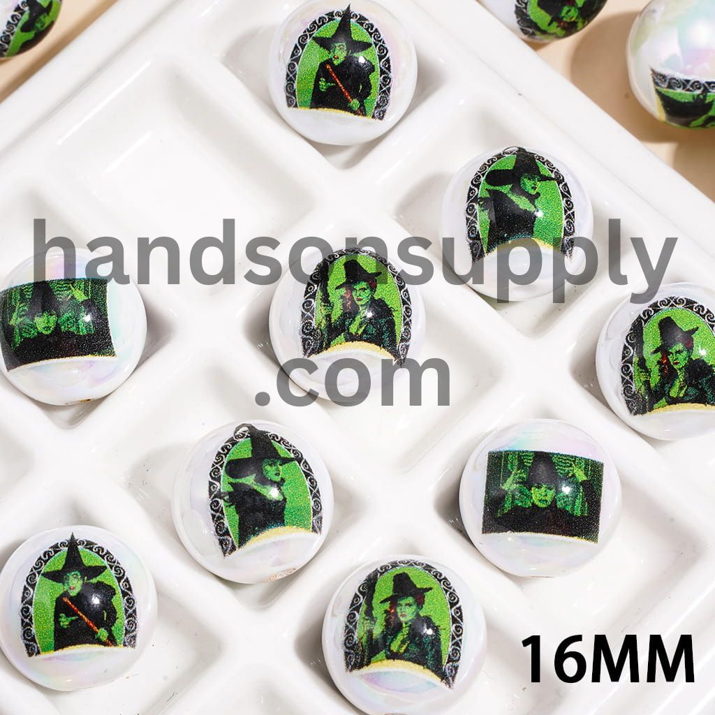 UV Coated Acrylic Beads for Bracelet w Green Witch, Halloween Theme Print, 16MM, Random Mix