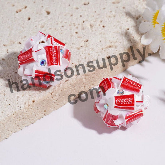 Red & White Soft Drink Can Cup Round Clay Beads with AB Rhinestone,18MM
