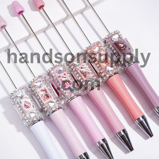 Cute Cat Character Poker-Themed Playing Card Design Beadable Pens with Clear Rhinestone Chains & Heart Crystals, Multi-Color