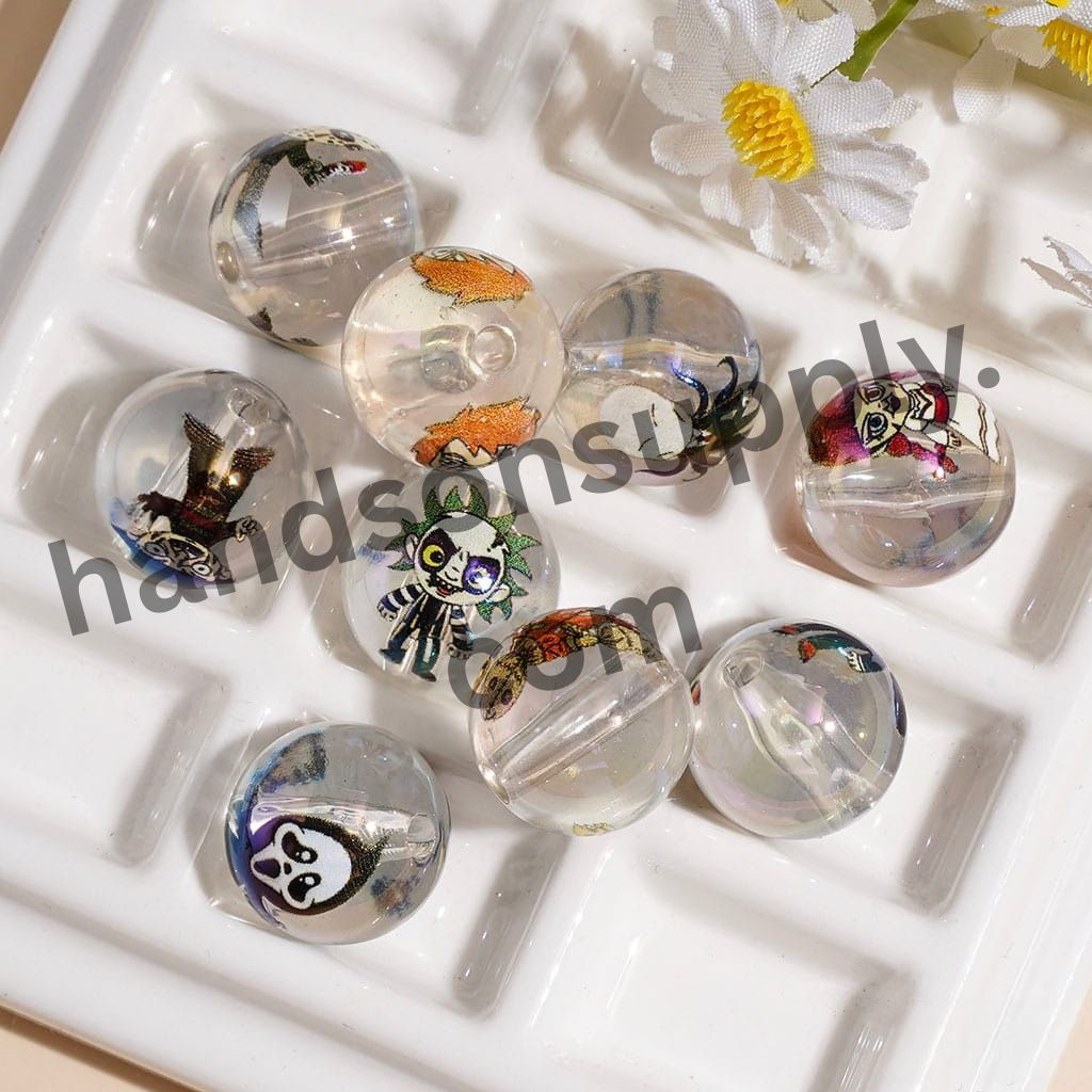 UV-Coated Transparent Cute Halloween Horror Character Print Round Acrylic Beads for Bracelets, 15MM, Random Mix