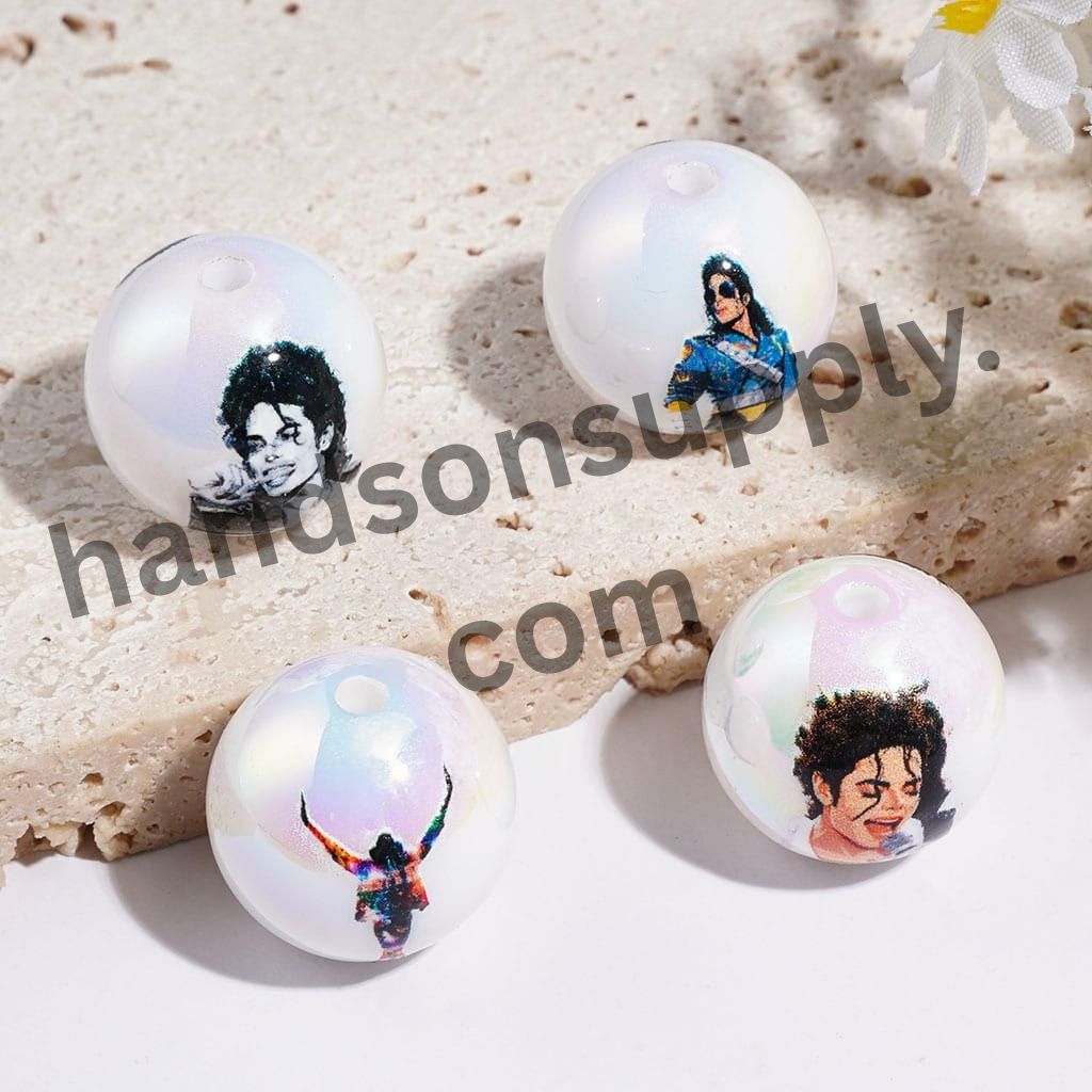 UV-Coated White Pearl USA Singer Anime-Inspired Character Print Round Acrylic Beads for Bracelets, 16MM, Random Mix