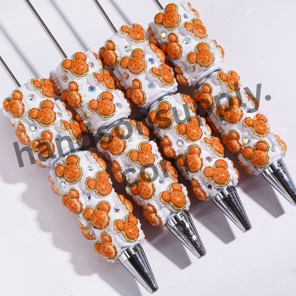 Orange Mouse Head Shaped Hamburger White Beadable Clay Pens with Rhinestones