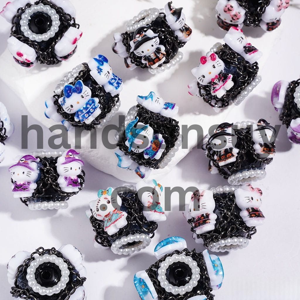 Hand-Made Acrylic Beads Halloween Cute Cat Character Series, w White Pearl & Gun Black Chains, 20MM Multi Colors