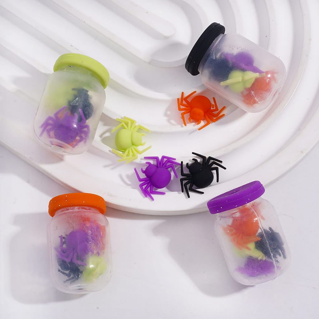 Bottle with Color Lid & Mini Spider Inclusions Soft Silicone Shaker Beads Random Mix