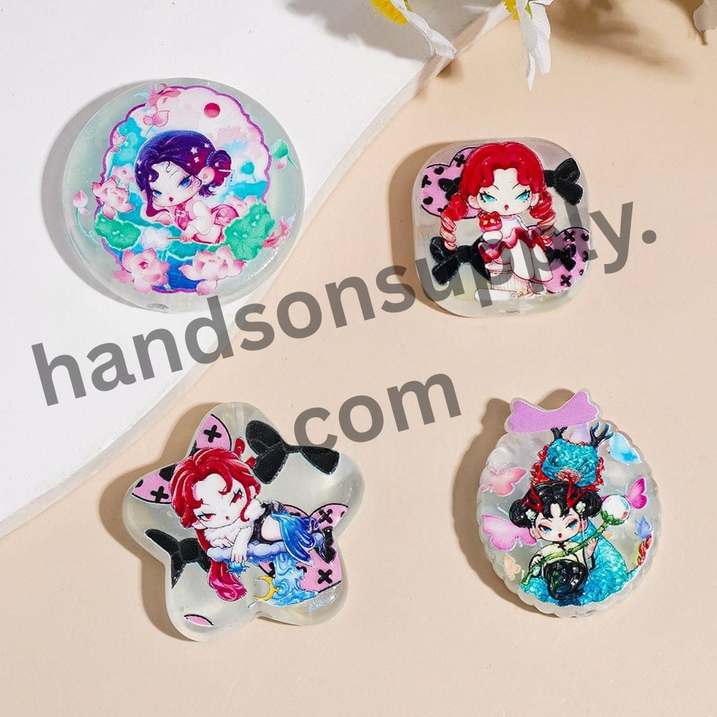 Ancient Girl & Lotus Flower Printed Acrylic Beads Pendants, Assorted Shapes & Designs, Random Mix