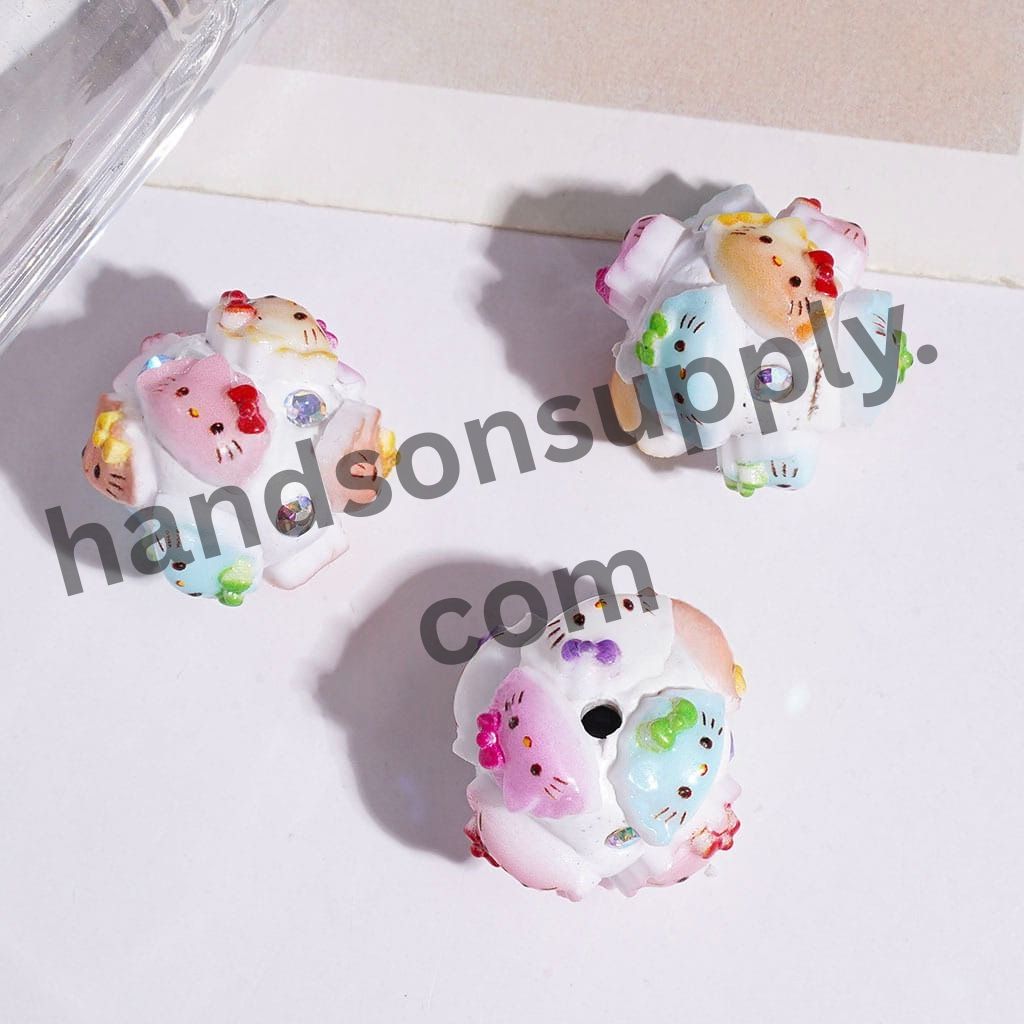 Cute Cat Character Dumpling Shape Clay Beads with Bowtie and AB Rhinestones, 18MM, Multi-Color Random Mix