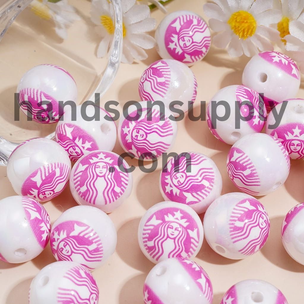 UV Coated Cute Pink Coffee Theme Print Round Acrylic Bracelet Beads 16MM