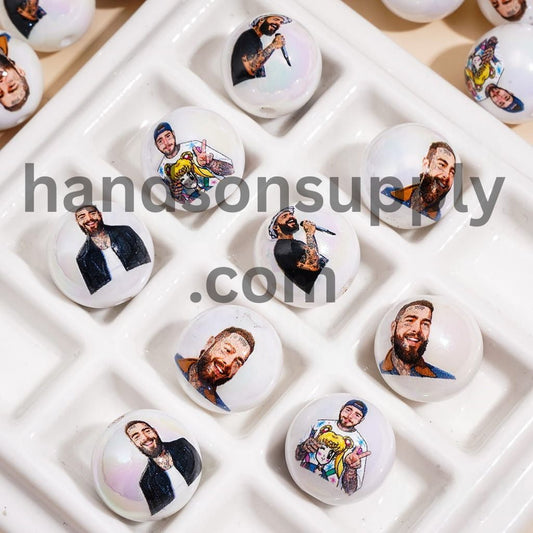 UV Coated Music Star American Hip-Hop Singer Series Printed Round Acrylic Beads for Bracelets, 16MM, Random Mix