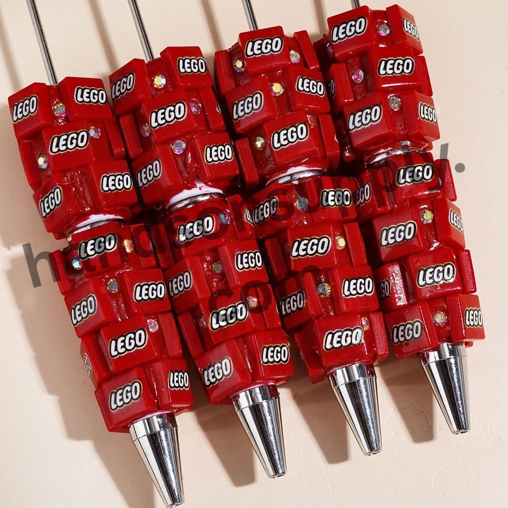 Red Building Block Inspired Bricks Pattern with AB Rhinestones, Toy Brick Theme, Beadable Clay Pens, Random Mix