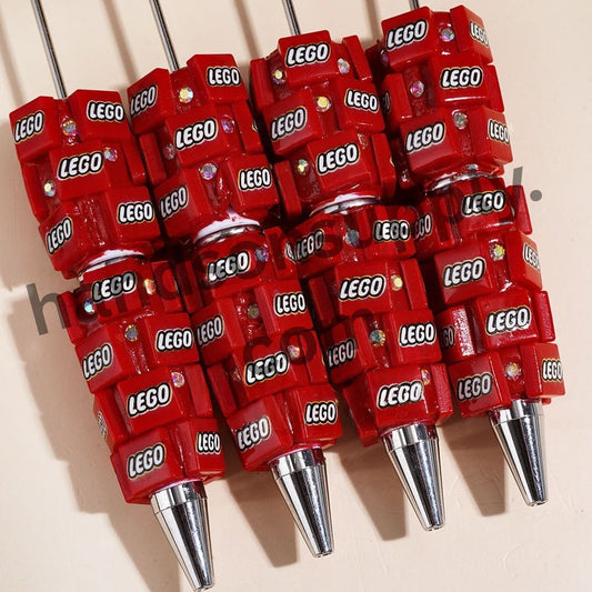 Red Building Block Inspired Bricks Pattern with AB Rhinestones, Toy Brick Theme, Beadable Clay Pens, Random Mix