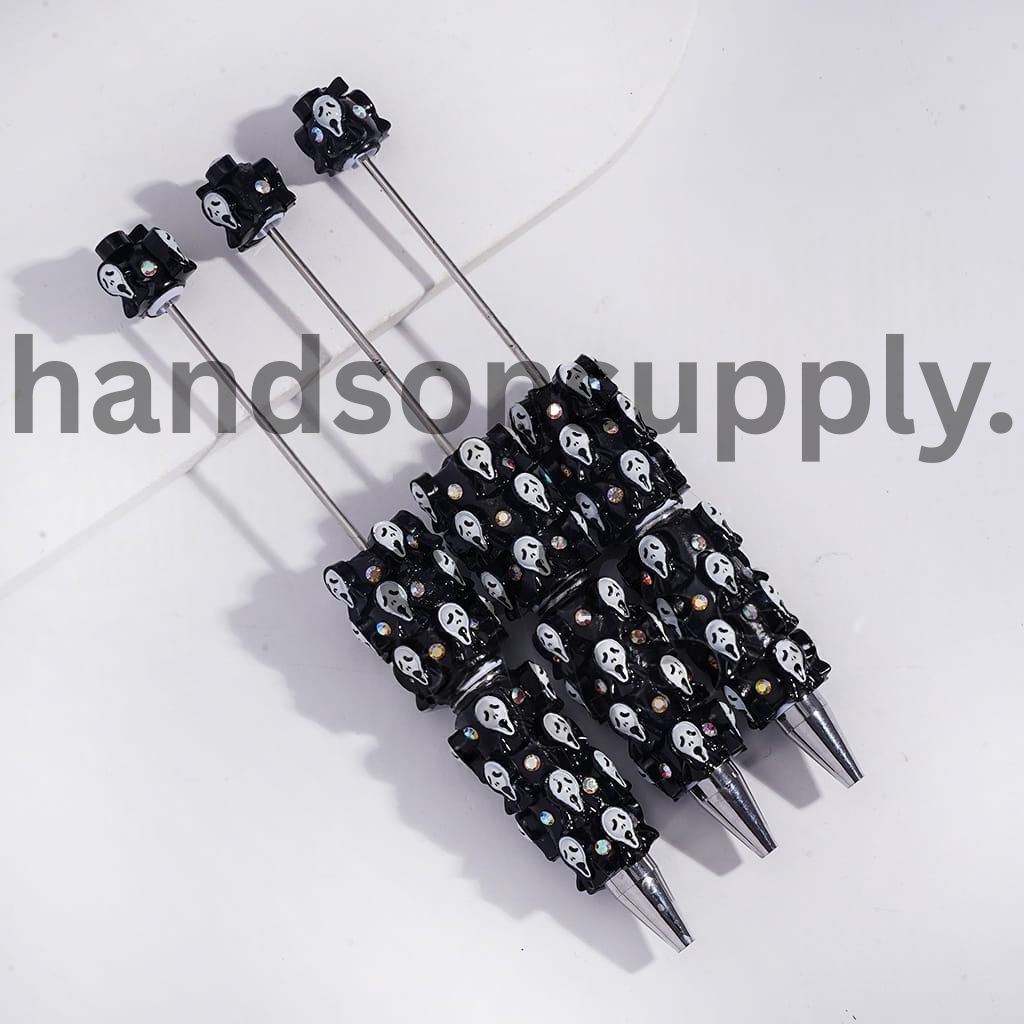 Beadable Clay Pens with Horror Mask Black & White Spooky Design with AB Rhinestones