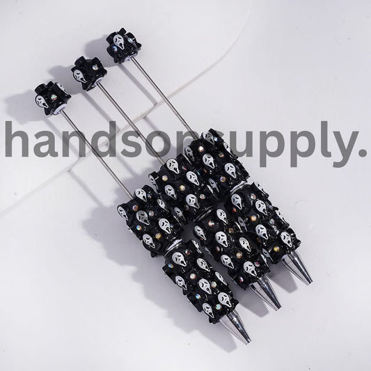 Beadable Clay Pens with Horror Mask Black & White Spooky Design with AB Rhinestones
