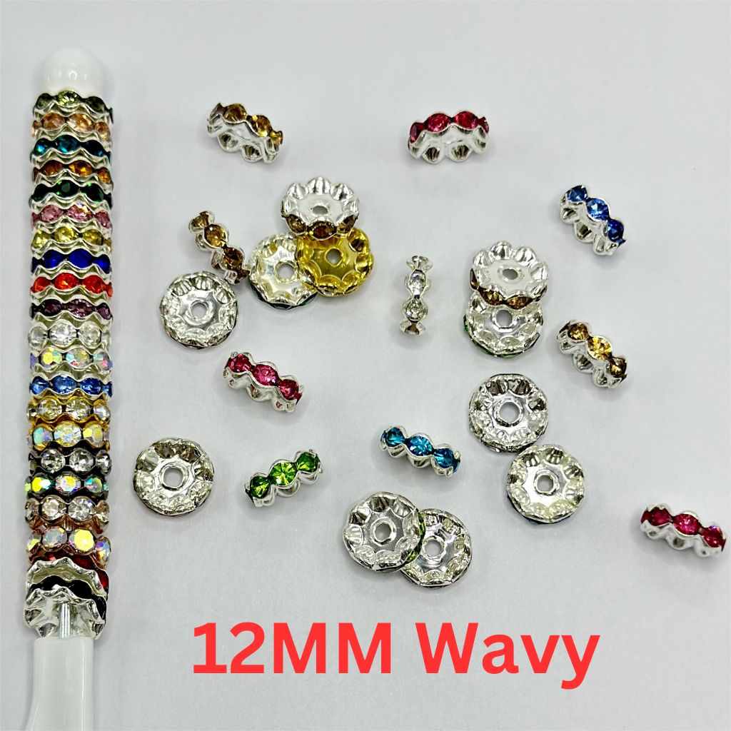 Wavy Metal Spacers with Rhinestones in Solid Colors, 12MM