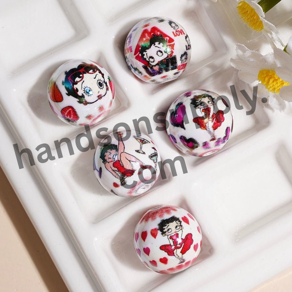 UV-Coated Cute Love & Valentine Old Girl Character Heart Strawberry in Sweet Style Print Acrylic Beads for Bracelets, 16MM, Multi-Color Random Mix
