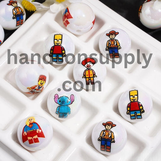 UV Coated Cartoon Building Block Character Acrylic Beads for Bracelets, 16MM, Assorted Designs