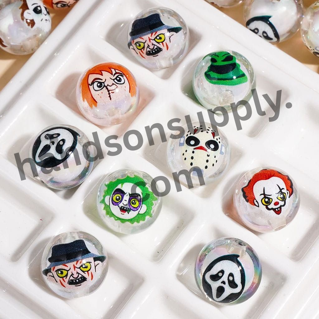 UV-Coated Halloween Horror Character Clear Acrylic Beads, Ghost Face, Clown, Mask & Monster Prints, 16MM, Random Mix