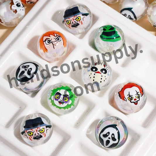 UV-Coated Halloween Horror Character Clear Acrylic Beads, Ghost Face, Clown, Mask & Monster Prints, 16MM, Random Mix
