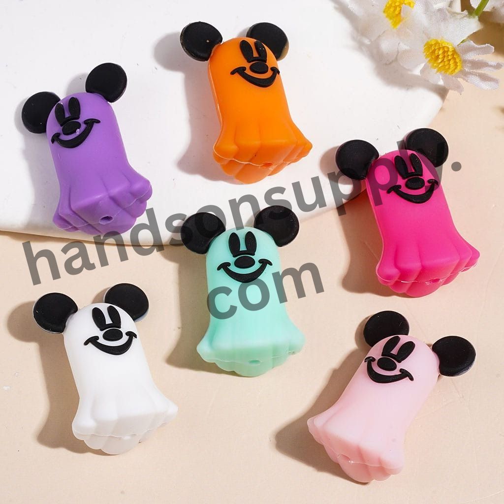 Cute Classic Mouse Character Inspired Faces with Round Ears Ghost Halloween Silicone Focal Beads, 21*30MM, Multi-Color Random Mix