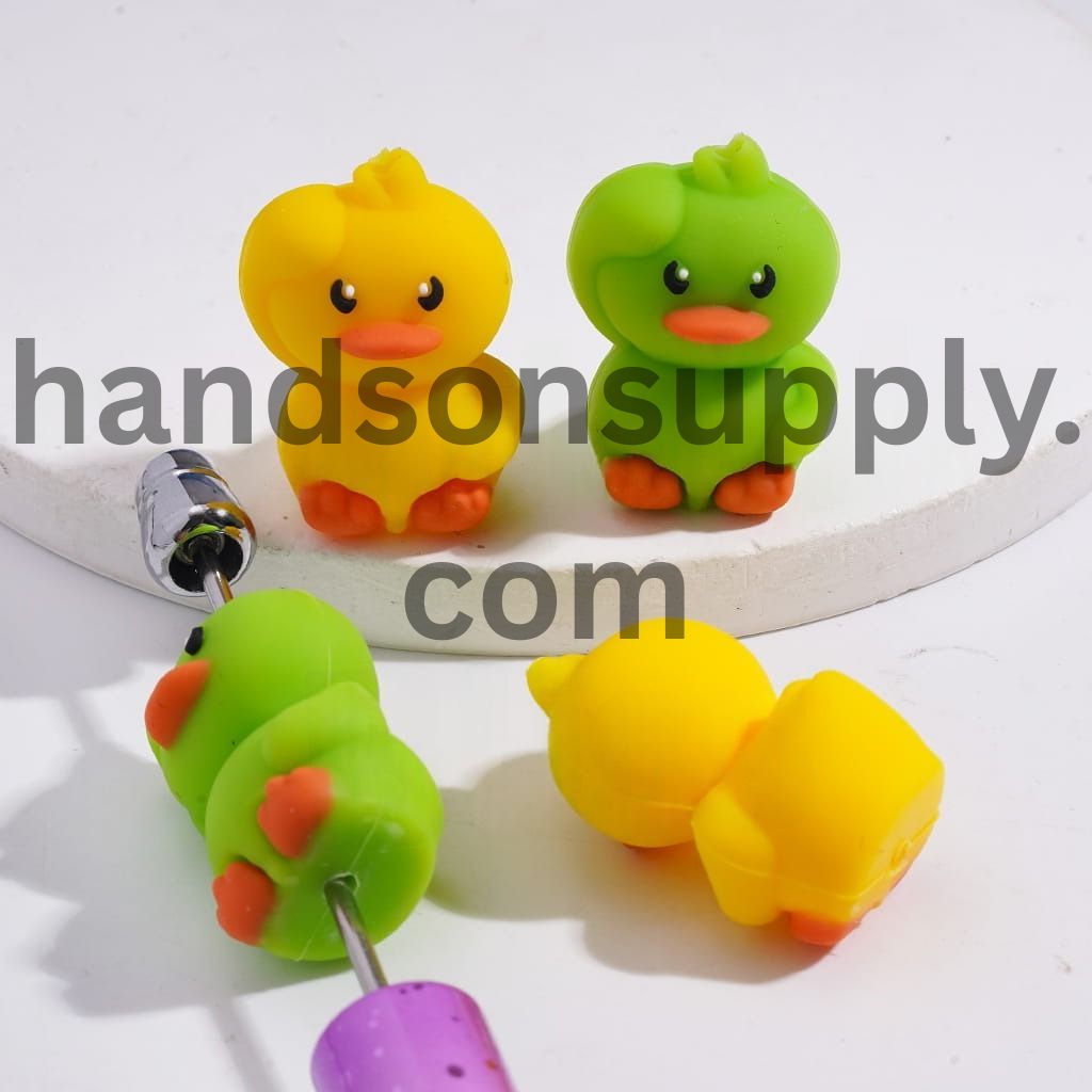 3D Cute Green & Yellow Waving Duck Cartoon Animal Design Silicone Focal Bead