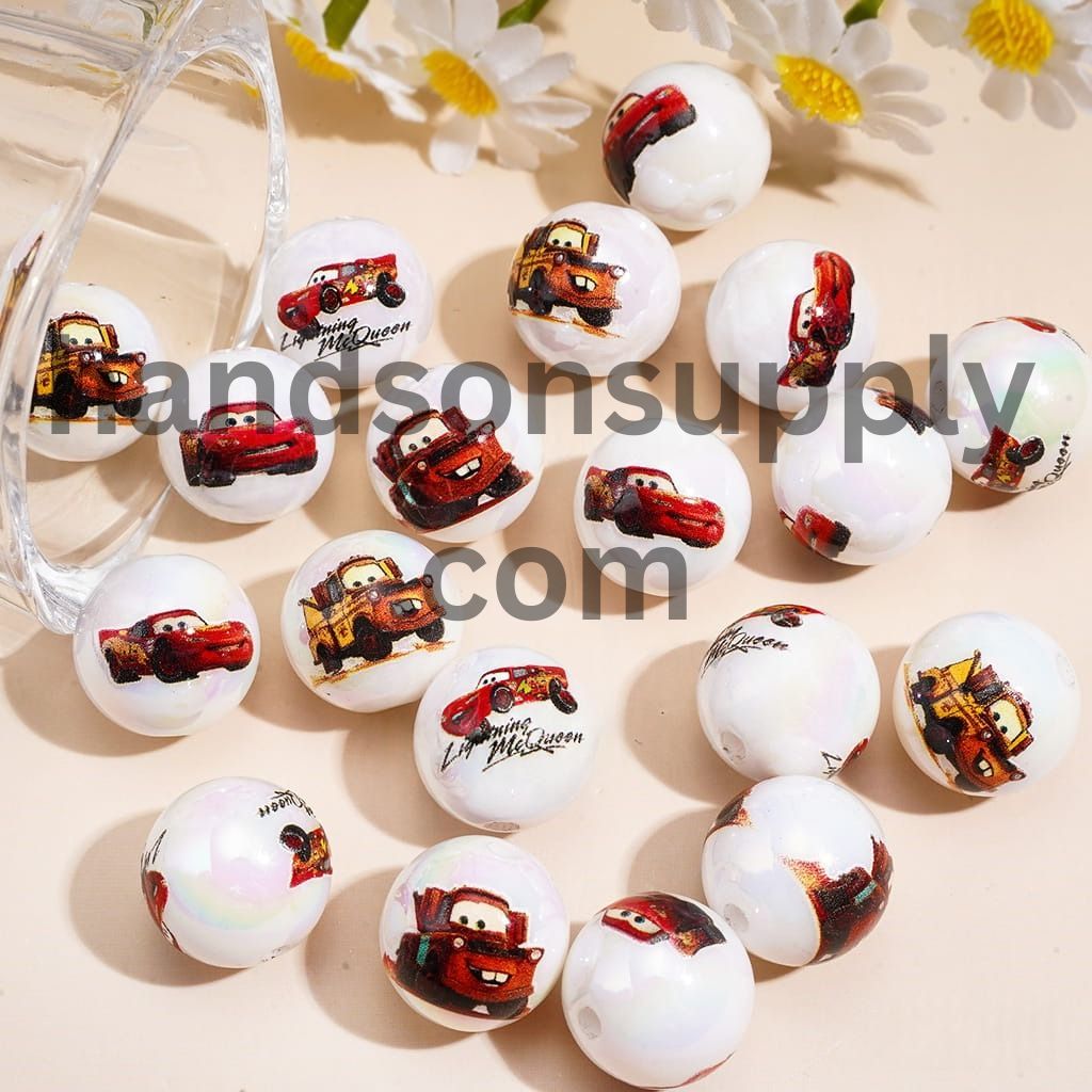 Cute Cartoon Race Car and Tow Truck Character Series UV Coated Glossy Printed Round Acrylic Beads for Bracelets, 16MM, Random Mix