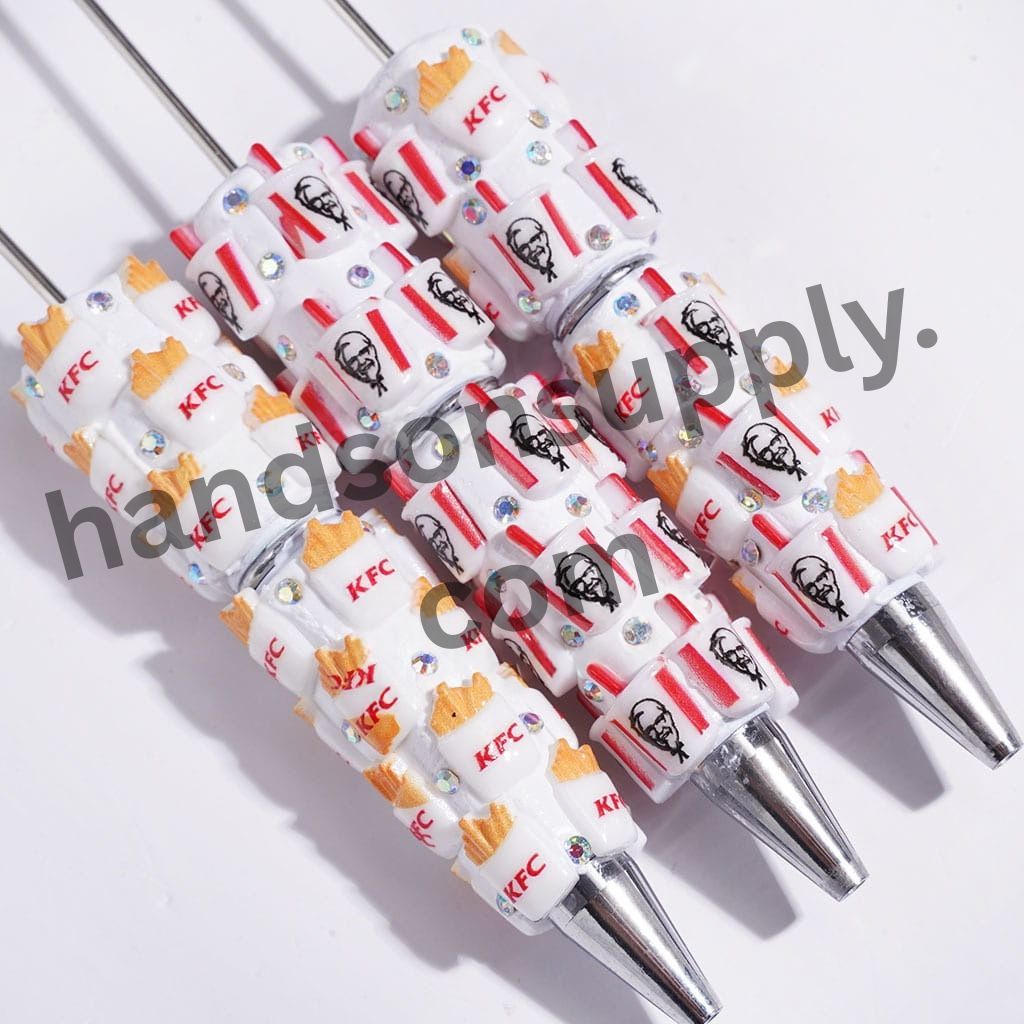 Chicken Bucket, French Fries & Soda Cup Fast Food Series Beadable Clay Pens with AB Rhinestones, White Color, Random Mix