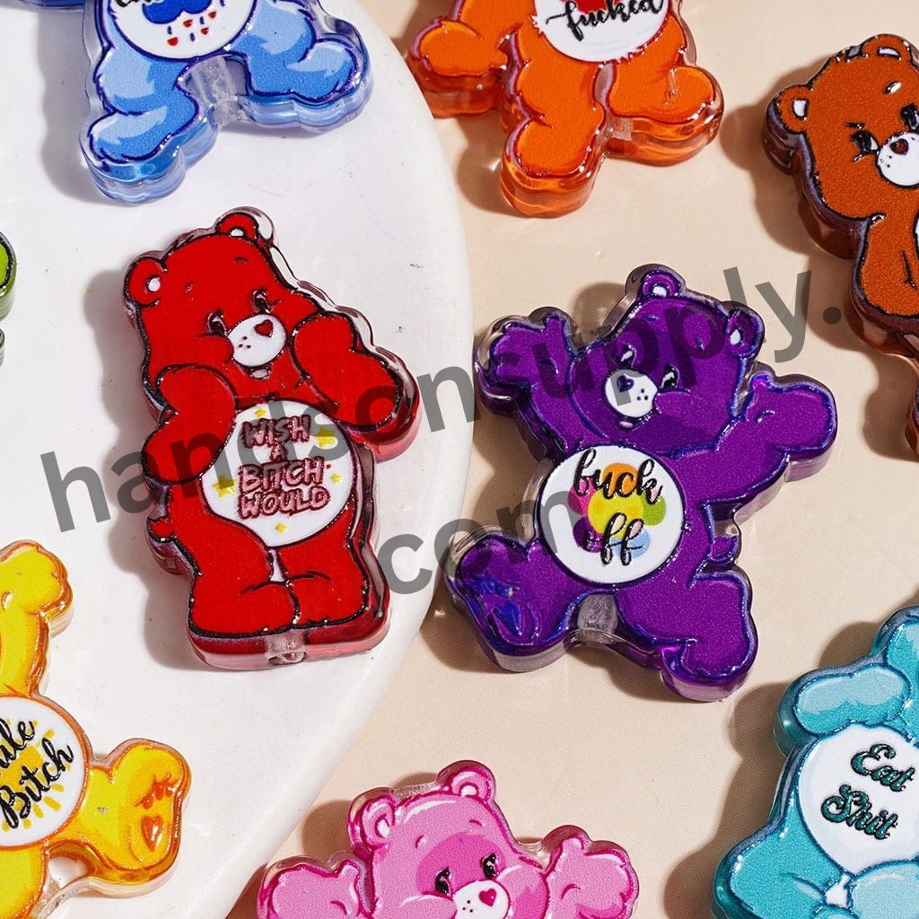 Cute Rainbow Bear Series with Funny Humor Text Semi-Clear Acrylic Beads, Multi-Color Random Mix