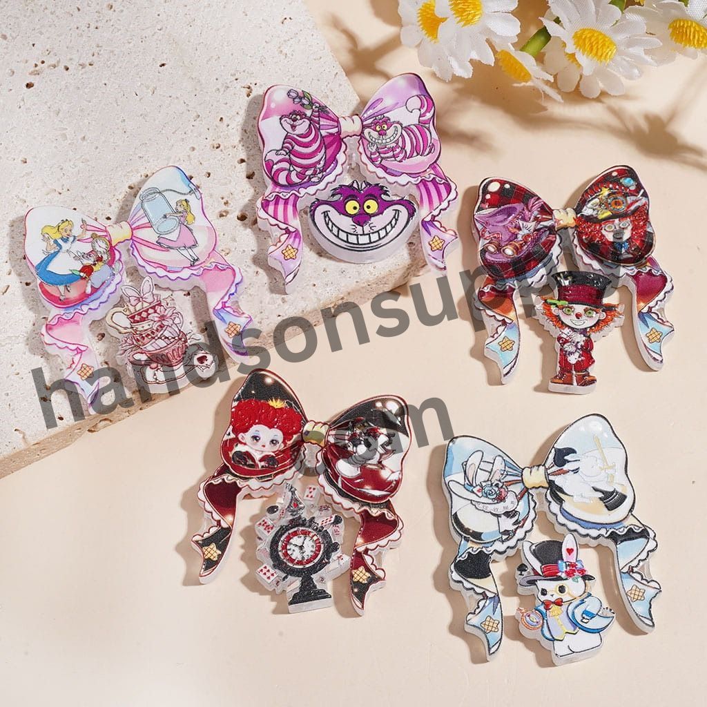 Girl Falling into Rabbit Hole Fantasy Storybook Printed Bow & Ornament Acrylic Beads Pendant, Multi Colors Random Mix  (Please Read Description)