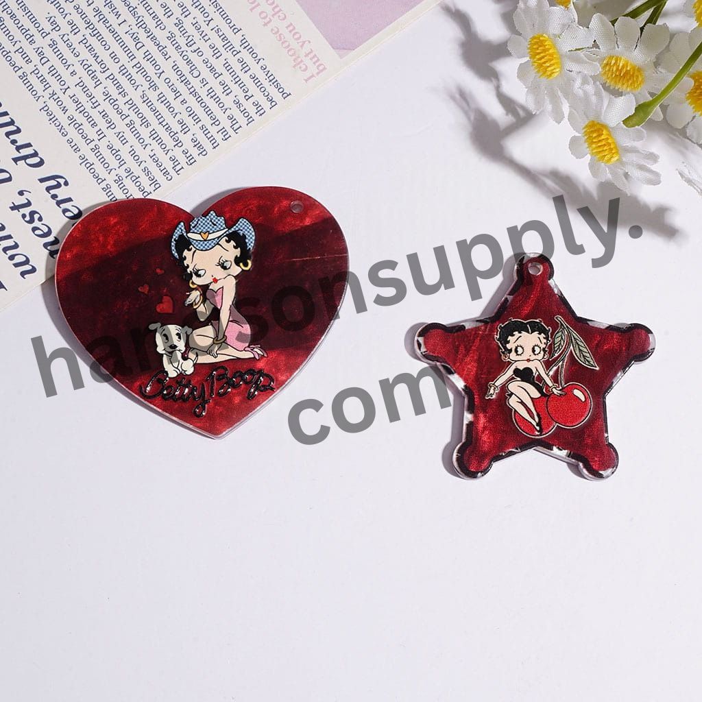 Dark Red Old Girl Character Series Printed Acrylic Pendant Charms, Assorted Shapes, Random Mix