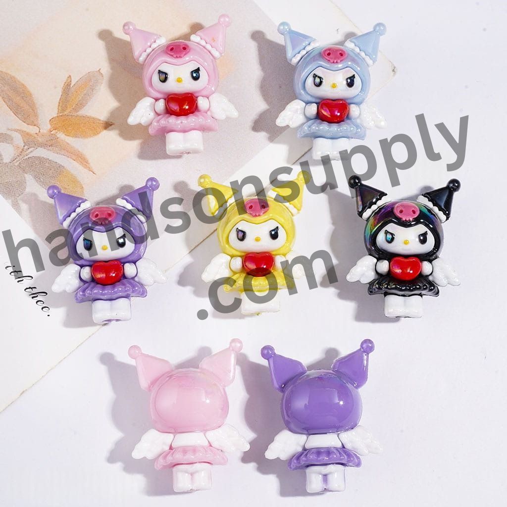 UV Coating Cute Angel & Evil Girl Character Soft PVC Rubber Beads with Wings & Heart Height 32MM, Multi-Color Random Mix