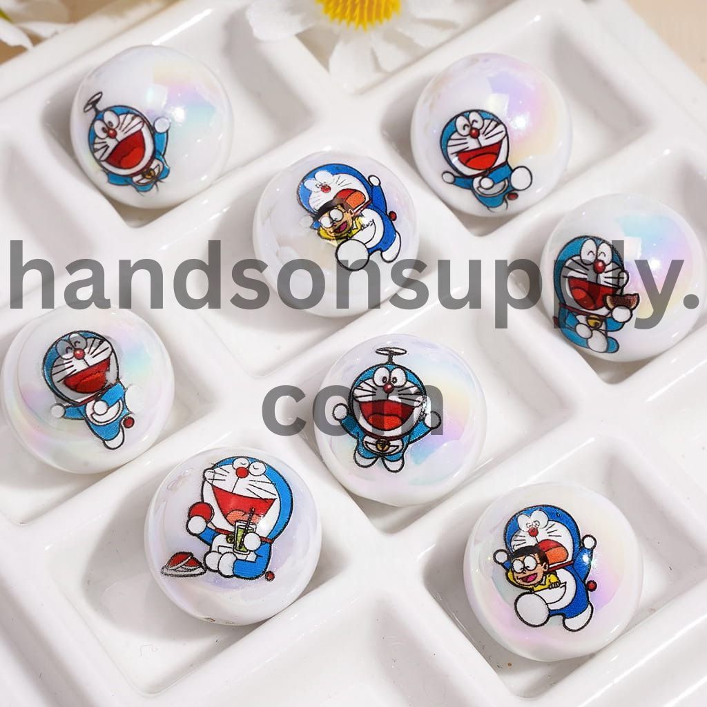 UV Coating Cute Japanese Blue Robot Cat Character Prints on Round Acrylic Beads 16MM Random Mix