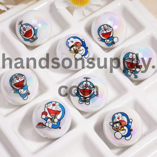UV Coating Cute Japanese Blue Robot Cat Character Prints on Round Acrylic Beads 16MM Random Mix
