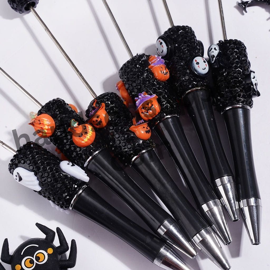 Black Rhinestones, Halloween Theme Beadable Clay Pens with Pumpkin & Ghost