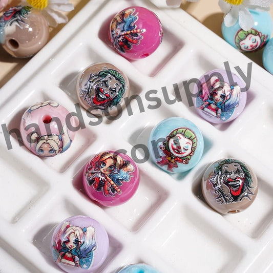 Cute Cartoon Villain Clown and Girl Character Printed Anime Style Round Acrylic Beads, 16MM Random Mix