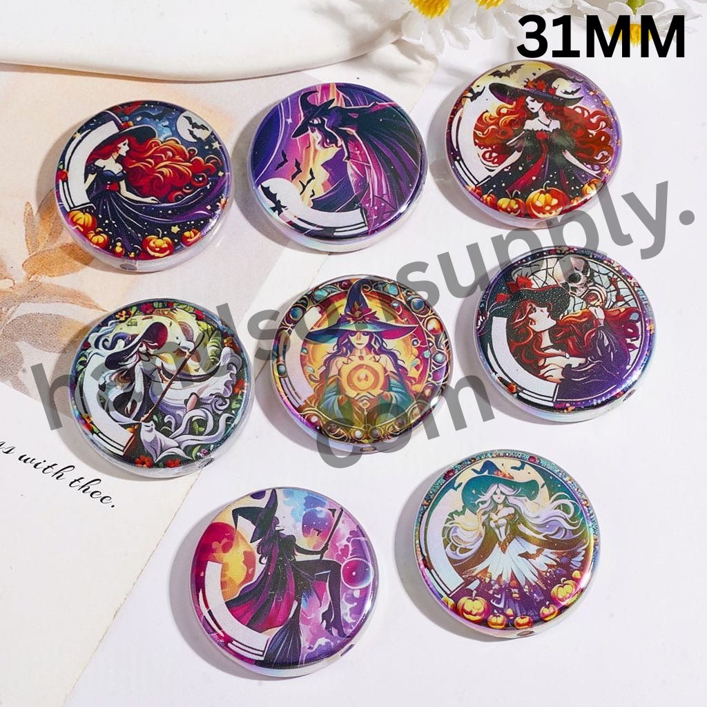UV-Coated Witch-Themed Character Acrylic Beads, Flat Round Shape, 31MM, Random Mix