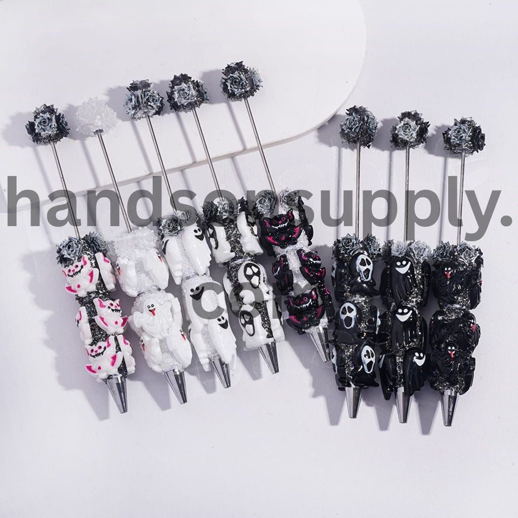 Funny Halloween Ghost Beadable Sugar Clay Pens Fully Covered with Glitter Rose Flowers and Broken Rhinestones