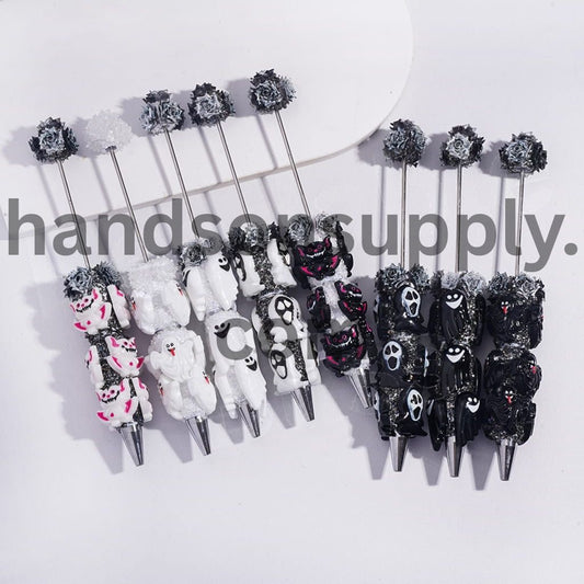 Funny Halloween Ghost Beadable Sugar Clay Pens Fully Covered with Glitter Rose Flowers and Broken Rhinestones