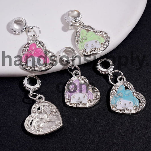 Heart Alloy Bail Jump Ring Beads with Bunny Girl Character & Clear Rhinestones, Assorted Colors, Random Mix