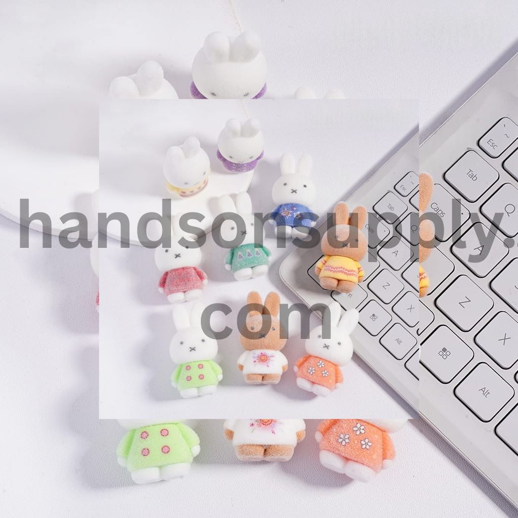 Flocked Fluffy White Bunny Figurine Acrylic Beads & Pen Toppers 47mm Random Mix