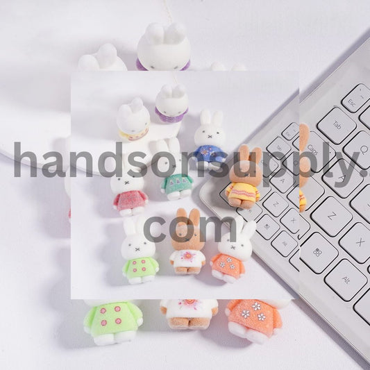 Flocked Fluffy White Bunny Figurine Acrylic Beads & Pen Toppers 47mm Random Mix