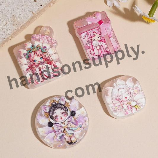 Nine-Tailed Fox Girl Pink Series Printed Acrylic Beads Pendants, Assorted Shapes & Designs, Random Mix