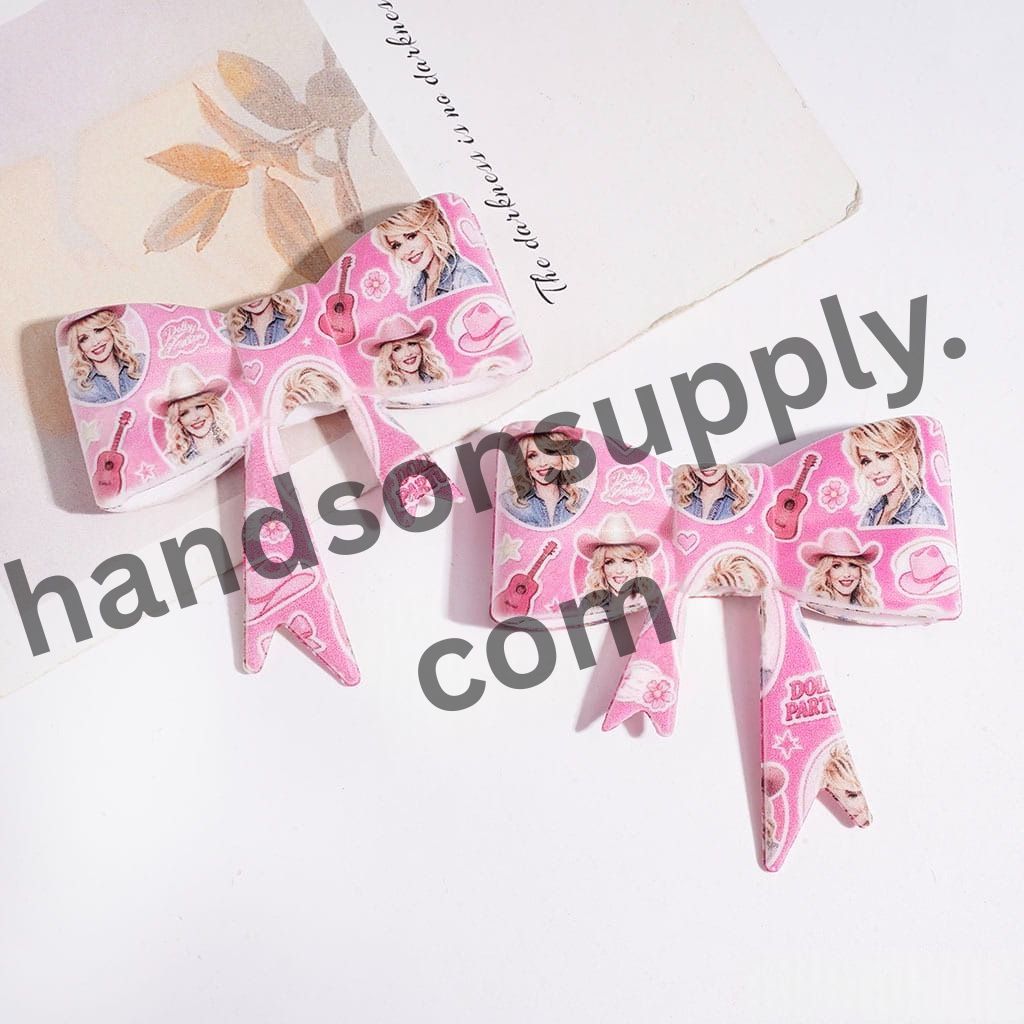 UV Printed American Country Singer, Cowboy Hat and Guitar Design Pink Bowtie-Shaped Silicone Focal Beads , 53*59MM