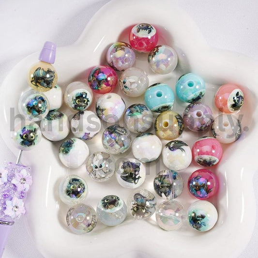 UV Coated Cute Toothless How to Train Your Dragon Prints Jelly & Clear & White Colors Round Acrylic Beads 16MM