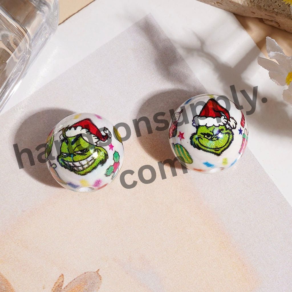 UV-Coated Christmas Green Character with Christmas Hat Gift Box Star Bell h Acrylic Beads for Bracelets, 16MM Multi-Color Random Mix